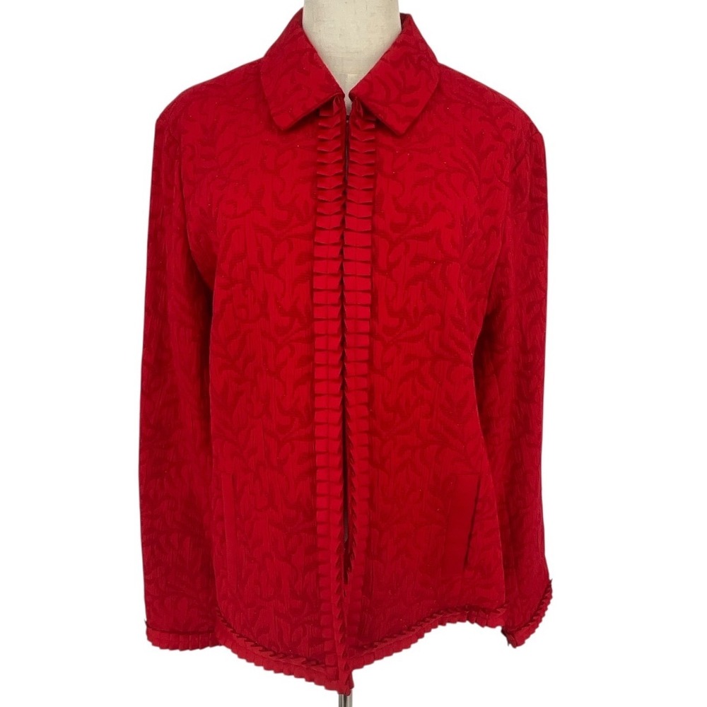 Coldwater Creek Red Holiday Sparkle Textured Leaf Print Ruffle Front Jacket XL‎